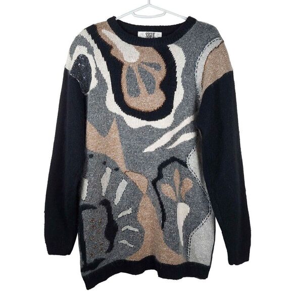 Vintage Silk Angora Lambswool Sweater Beaded Sequins Abstract Size Medium - Picture 1 of 8